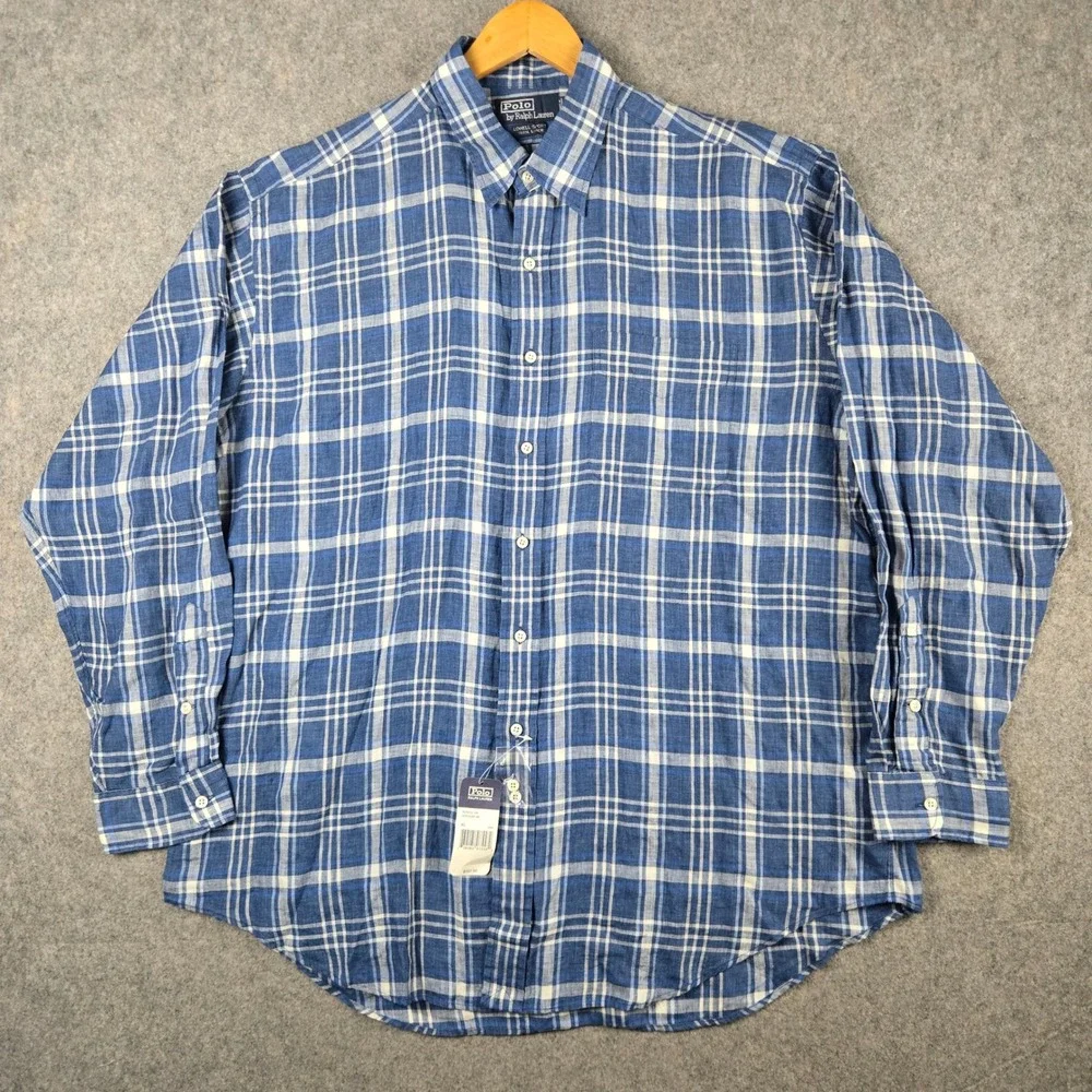 Polo Ralph Lauren Linen Shirt Mens XL Blue Lowell Sport Plaid Button Down NWT